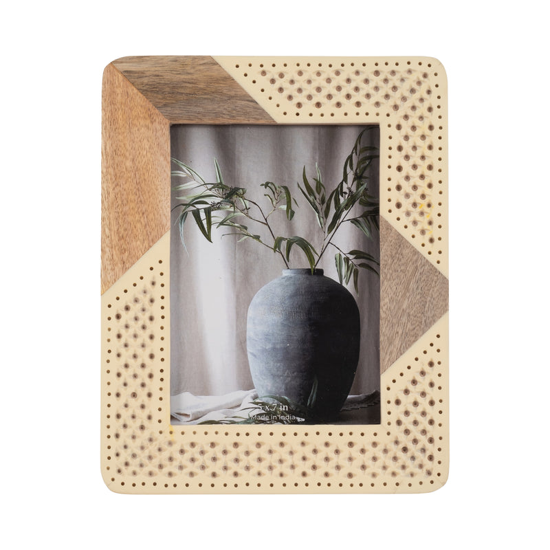 RESIN, 5X7 WOOD & WOVEN PHOTO FRAME, IVORY/NATURAL