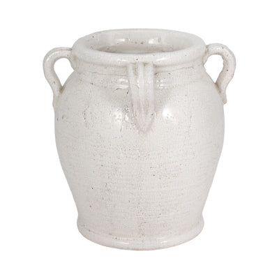 9" Terracotta Vase With Handles, White Crackle