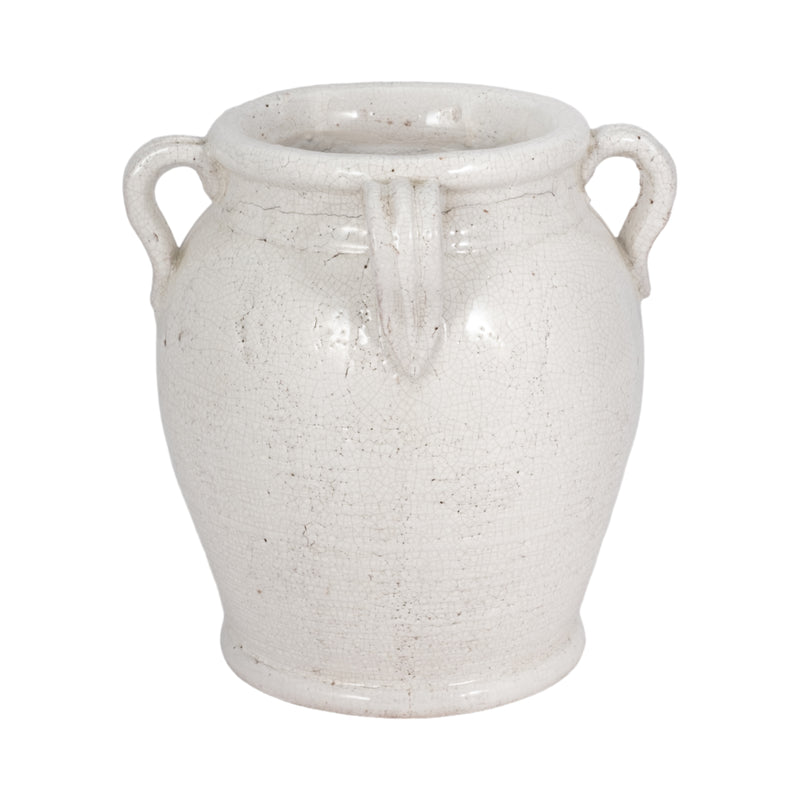 9" Terracotta Vase With Handles, White Crackle