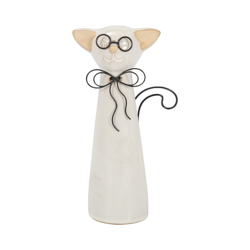 CER, 8"H CAT W/ GLASSES, BEIGE