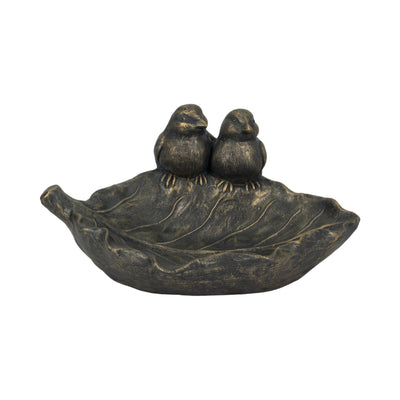 14" 2 Birds Perched On Leaf Birdfeeder, Bronze