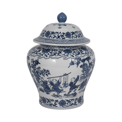 Cer, 15"h Blossoms Temple Jar, Blue