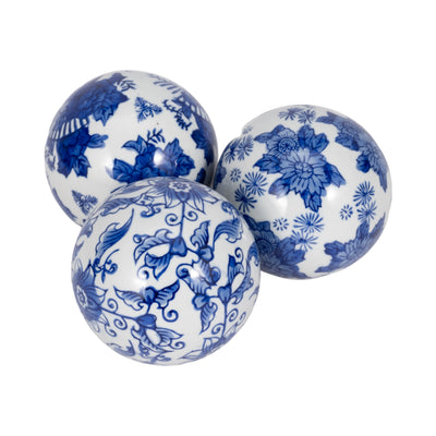 Cer, S/3 4" Assorted Painted Orbs, Blue