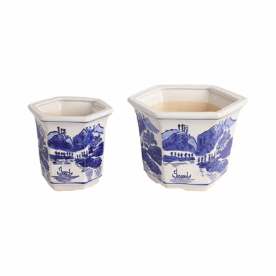 Cer, S/2 6/8" Chinoiserie Planters, Blue/white