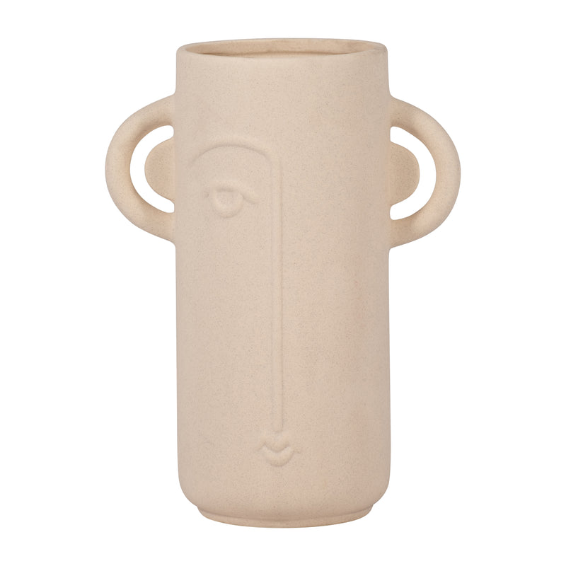 Cer, 10" Face Vase W/ Handles, Ivory