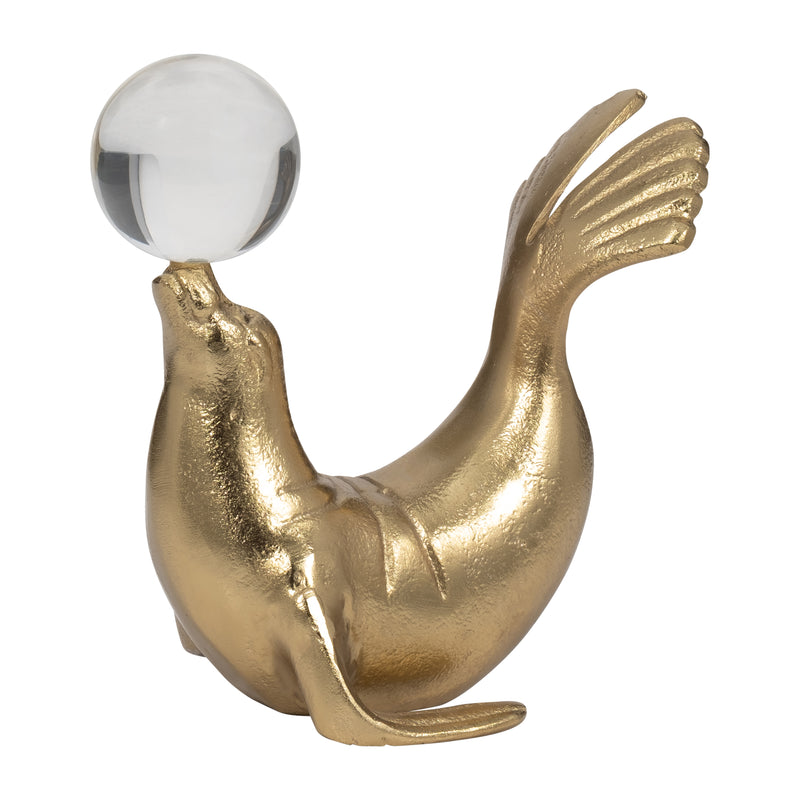 Metal, 7" Sea Lion W/ Acrylic Ball, Gold