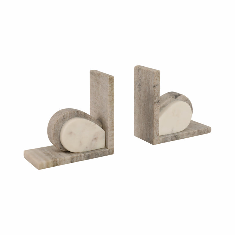 S/2 6" Eared Onyx & White Marble Bookends, Beige