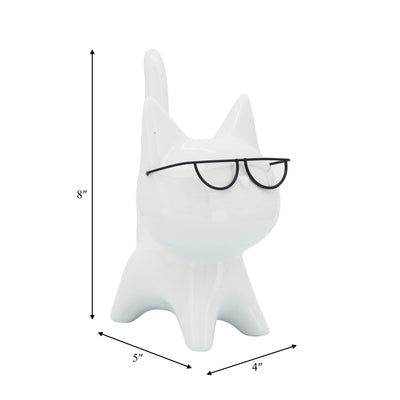 PORCELAIN, 8"H KITTY W/ GLASSES, WHITE