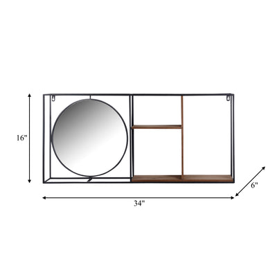 METAL/WOOD 34"L WALL SHELF WITH MIRROR, BLACK/BROW