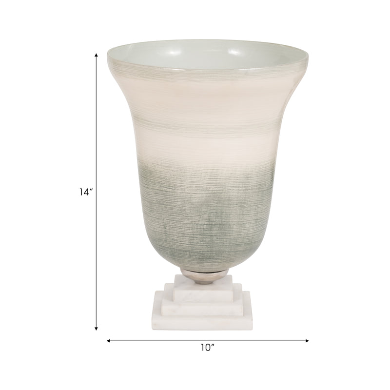 GLASS, 14" VASE ON MARBLE BASE, SAGE/IVORY KD