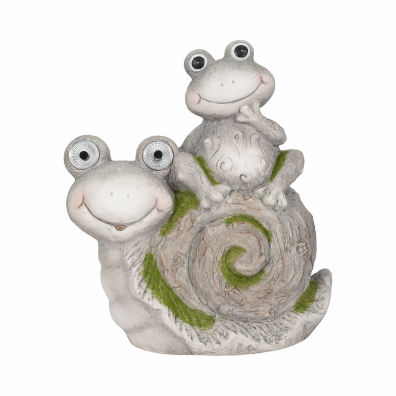 14" Frog Sitting On Snail With Solar Eyes, Grey