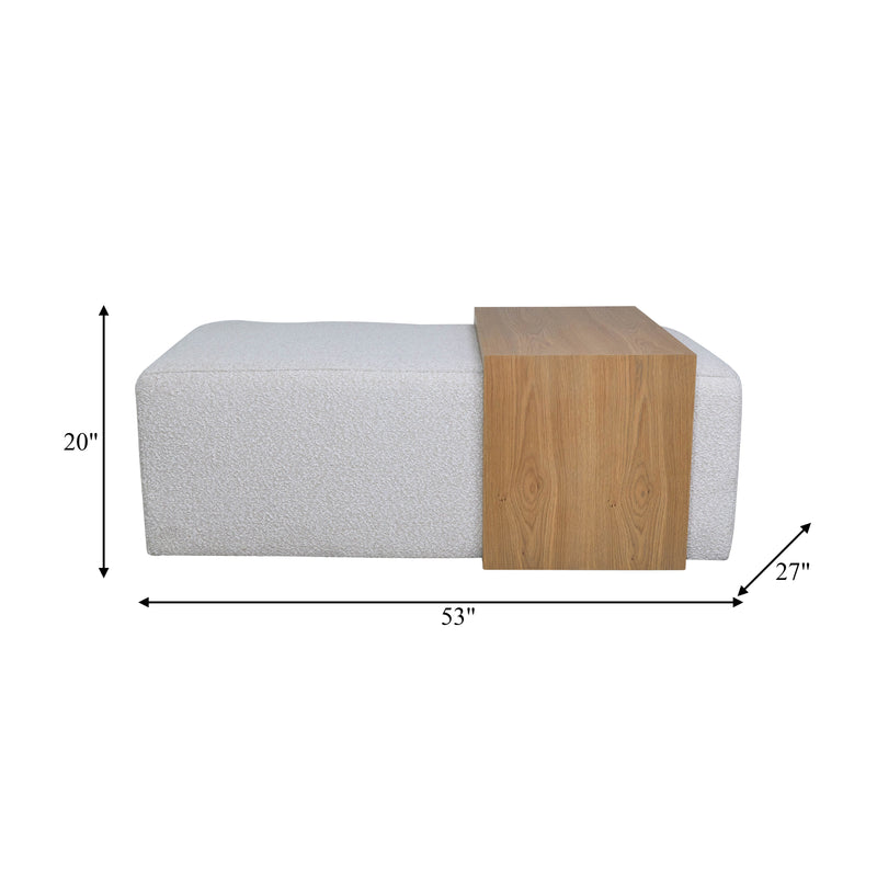 MODERN RECTANGULAR OTTOMA, WOOD ACCENT, IVORY