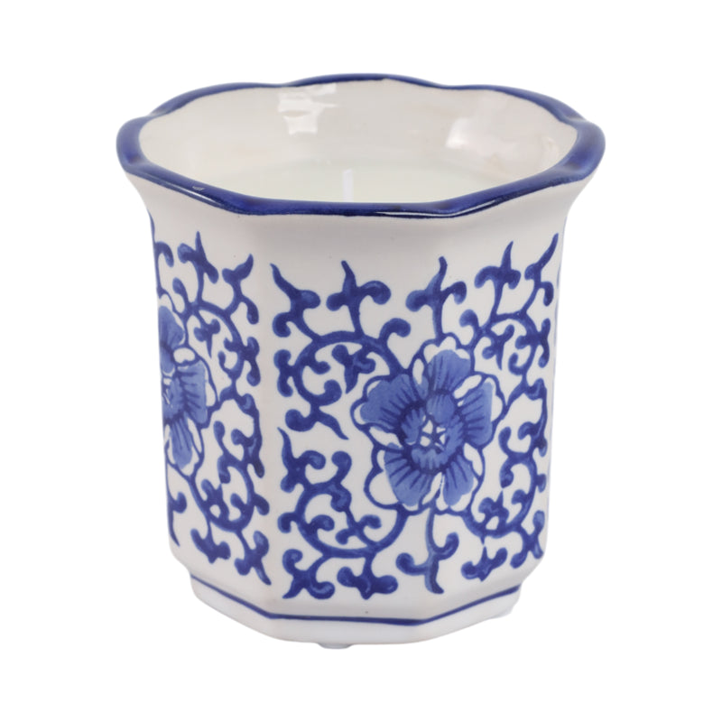 4", 6oz Fluted Chinoiserie Candle , Blue/white