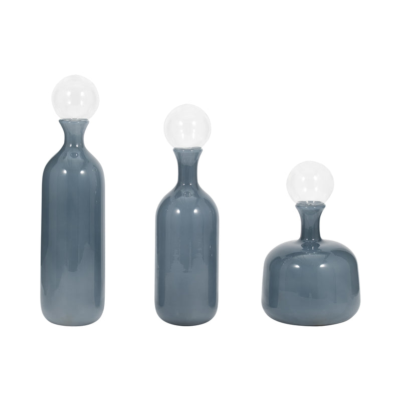 S/3 12/17/19" Jia Blue Lidded Glass Bottles