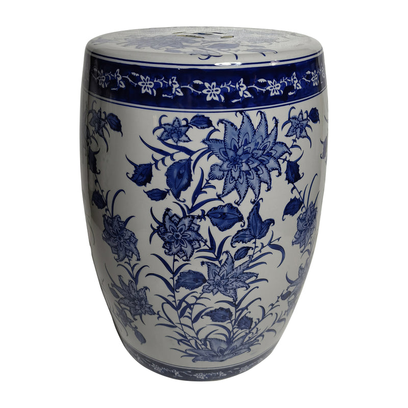 Cer,18" Pinwheel Flower Chinoiserie Stool,blu/wht