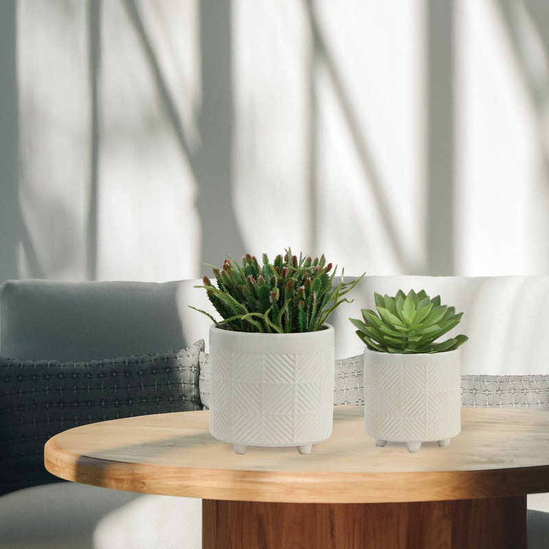 S/2 6/8" TEXTURED PLANTERS, SHINY WHITE