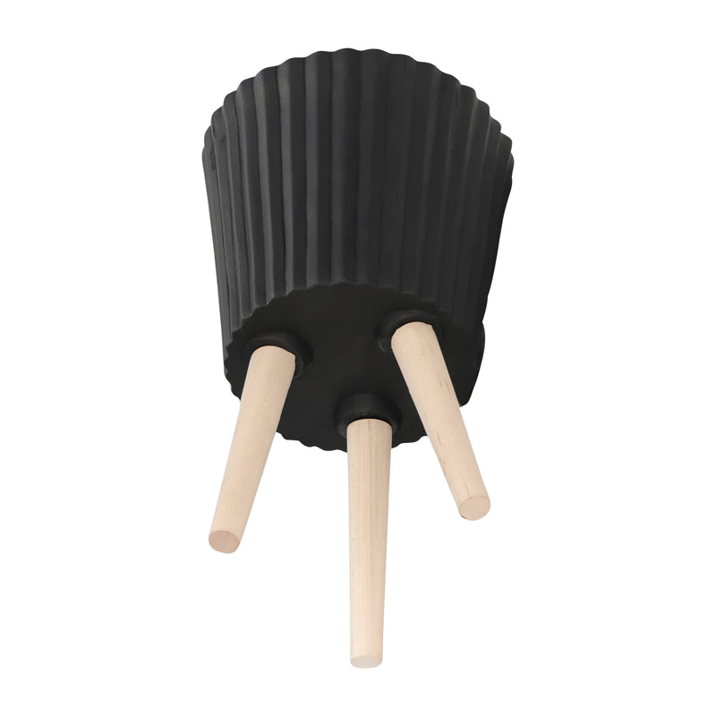 S/2 10/12" RIDGED PLANTER W/ WOOD LEGS, BLACK (KD)