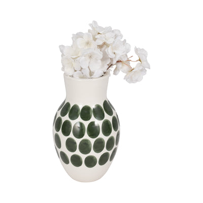 CER, 10"H FOREST GREEN POLK-A-DOT FLOWER VASE,WHT