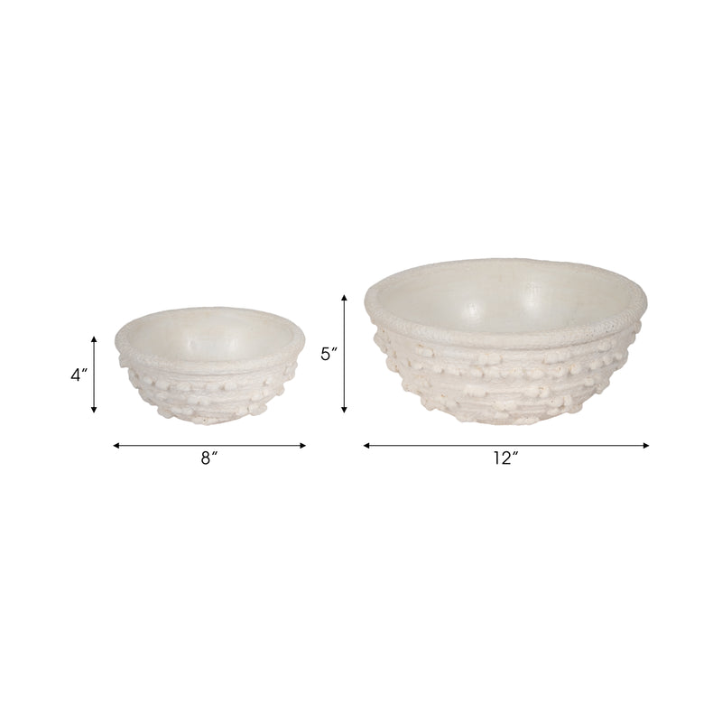 S/2 8/12" Textured Knobby Knot Bowls, White