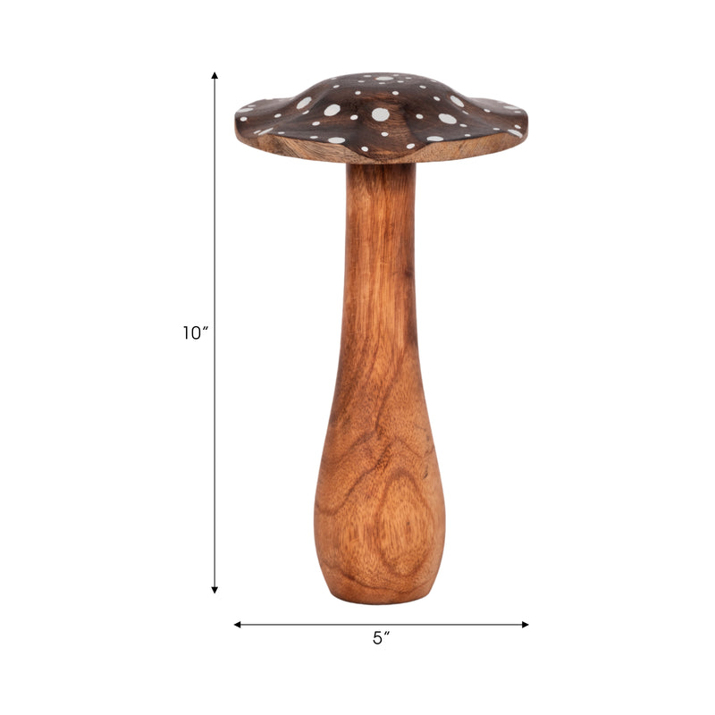 10" Wood Mushroom With White Dots, Brown