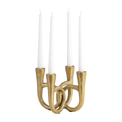 METAL, 7" FRENCH HORN 4-TAPER CANDLEHOLDER, GOLD