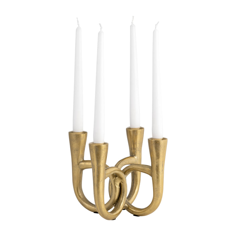 METAL, 7" FRENCH HORN 4-TAPER CANDLEHOLDER, GOLD