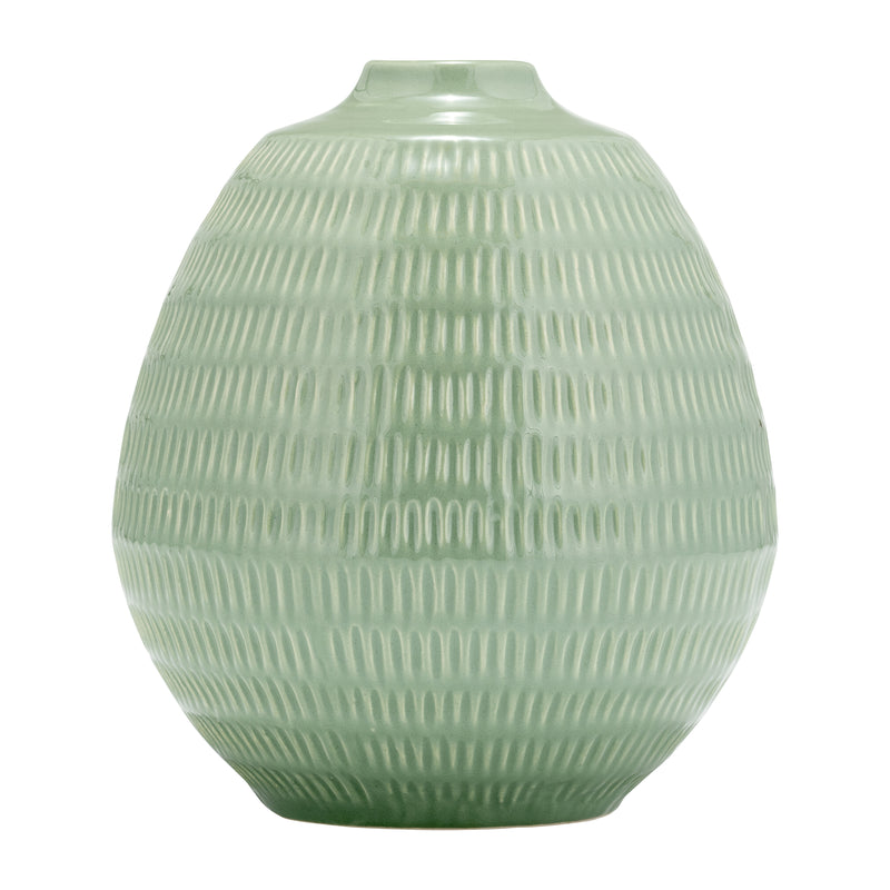 CER,7",STRIPE OVAL VASE,DARK SAGE