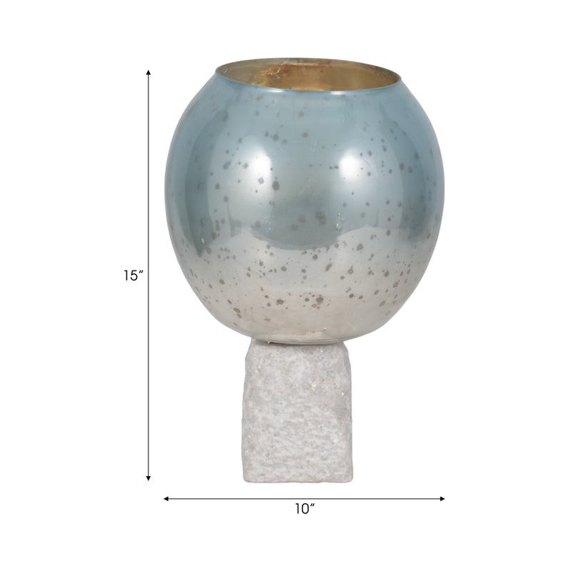 Glass, 15" Bowl Pillar Holder Marble Base, Aqua/wh