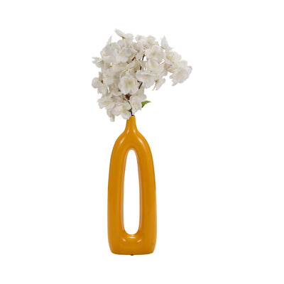 CER, 14"H OPEN CUT-OUT VASE, MUSTARD GOLD