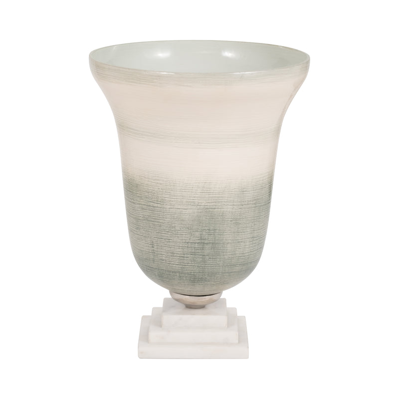 GLASS, 14" VASE ON MARBLE BASE, SAGE/IVORY KD