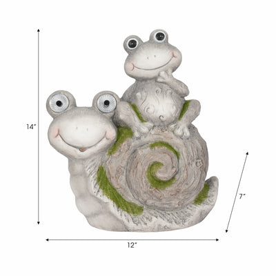 14" Frog Sitting On Snail With Solar Eyes, Grey