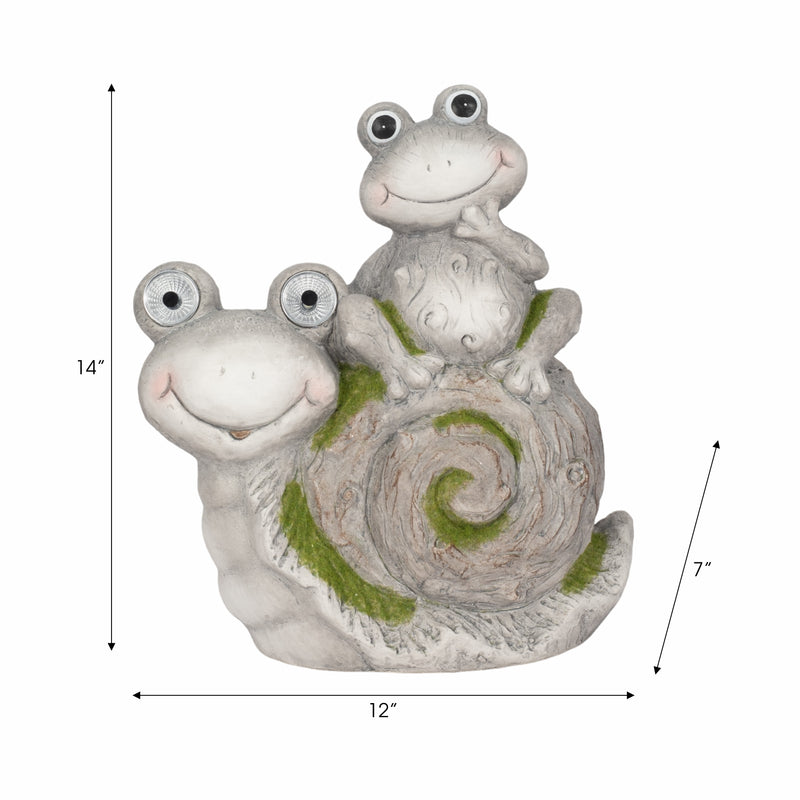 14" Frog Sitting On Snail With Solar Eyes, Grey