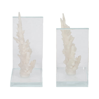 7" Coral On Glass Bookends, White