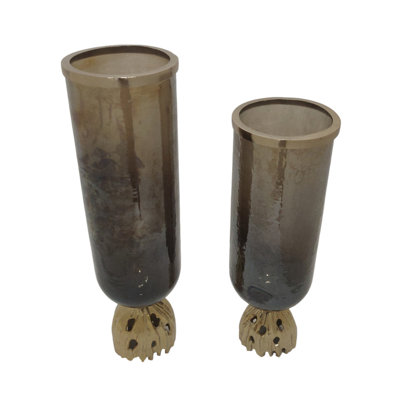 S/2 20/23"oattan Glass Hurricanes, Brwn/gld