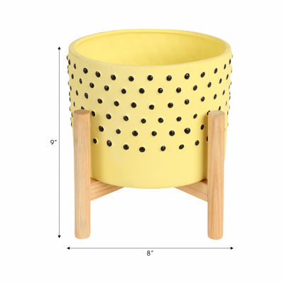 8" DOTTED PLANTER W/ WOOD STAND, YELLOW