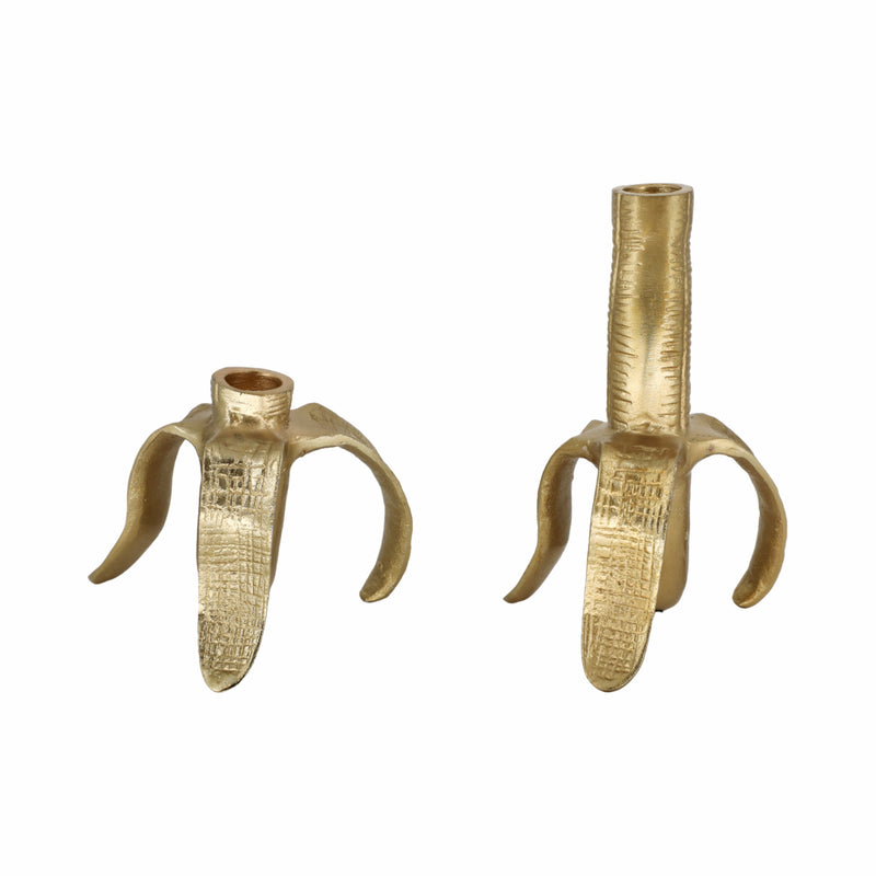 Metal, S/2 6" Banana Taper Candle Holders, Gold