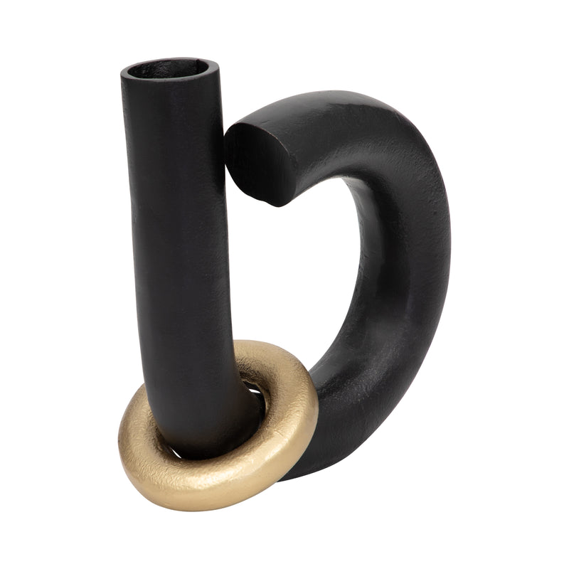 Metal, 9" Loop Vase W/ Gold Ring, Black/gold