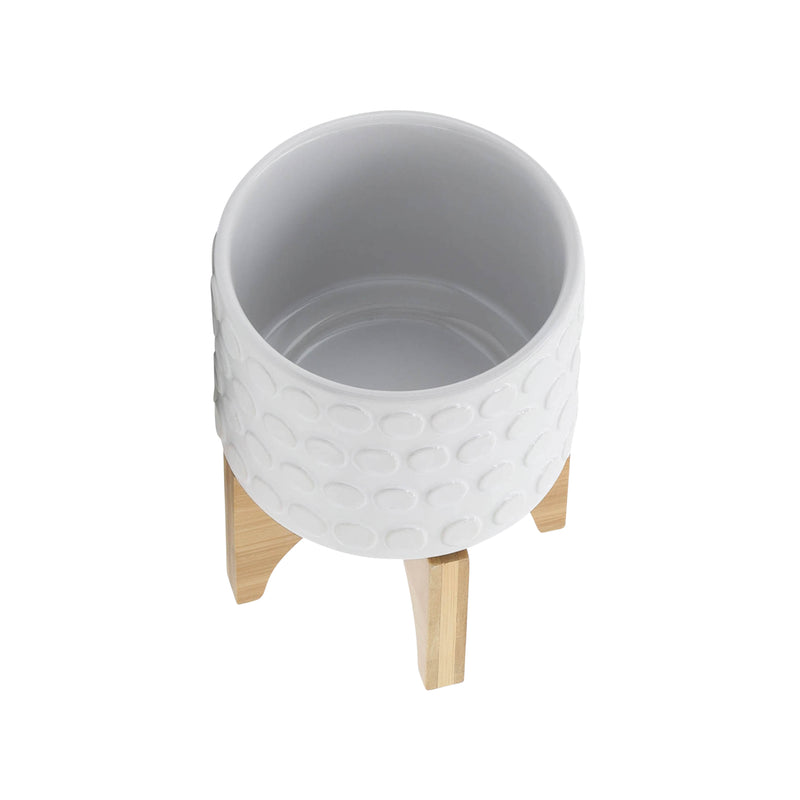 CERAMIC 5" PLANTER ON WOODEN STAND, WHITE