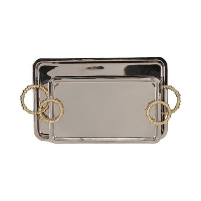 Metal, S/2 23/28" Trays With Beaded Handles,silver