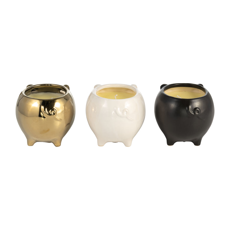 S/3 7" 9 Oz Vanilla Sandalwood Pig Candle, Multi