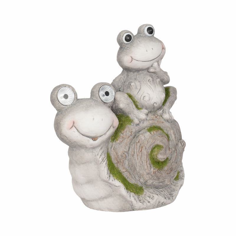 14" Frog Sitting On Snail With Solar Eyes, Grey