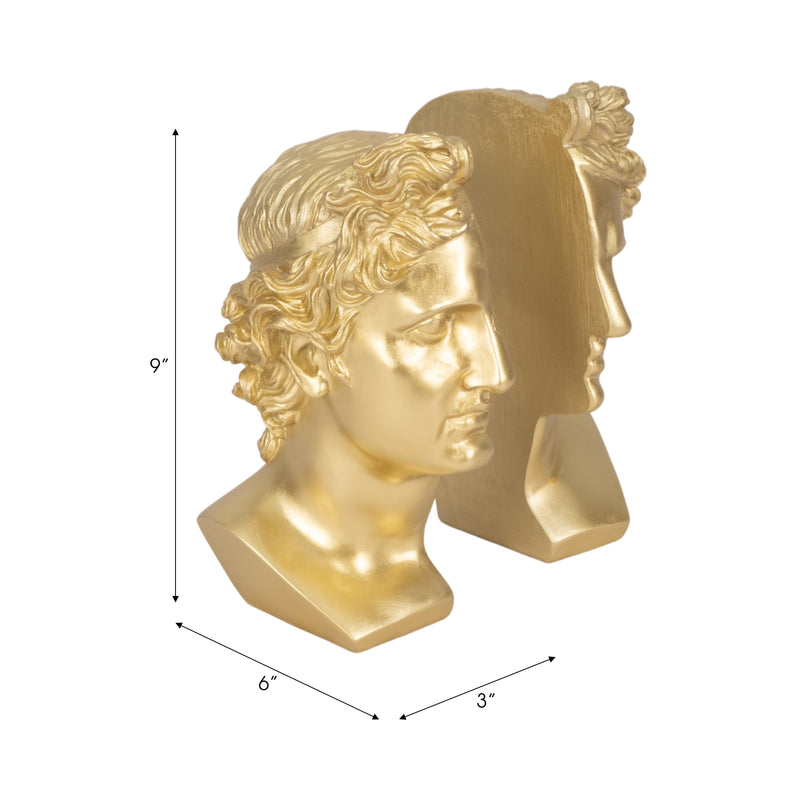 S/2 Resin, 9" Greek Goddess Bookends, Gold