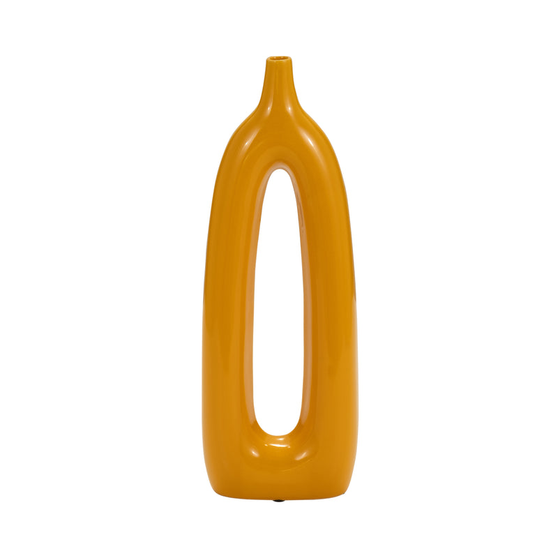 CER, 14"H OPEN CUT-OUT VASE, MUSTARD GOLD