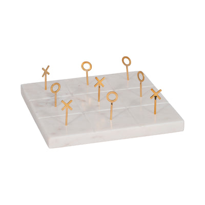 9" Marble Tic-tac-toe With Gold X & O, White/gold