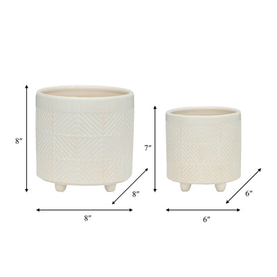 S/2 6/8" TEXTURED PLANTERS, SHINY WHITE