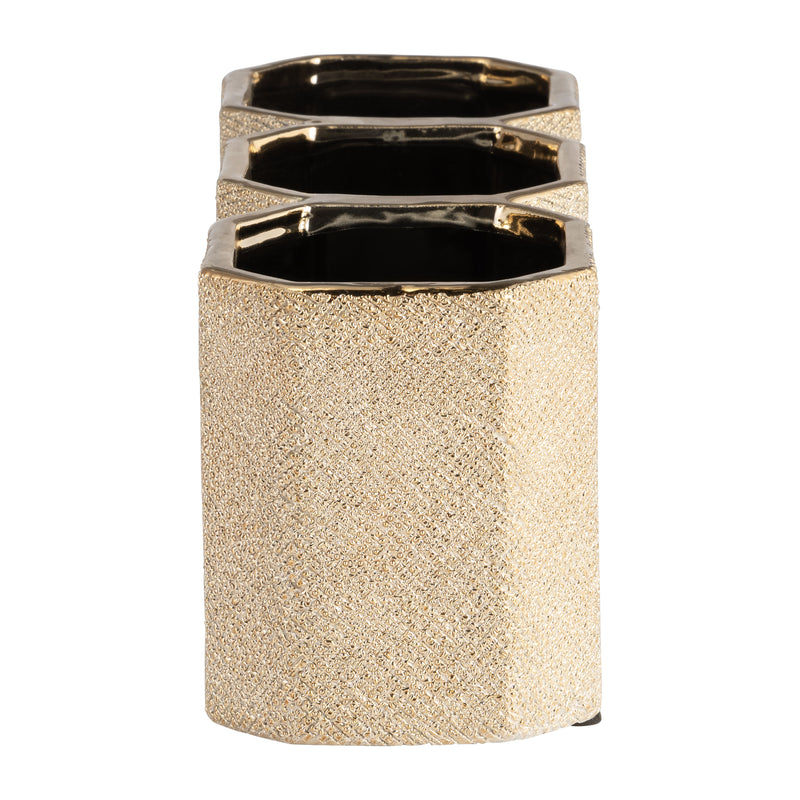 CERAMIC 4" 3-CUP PENCIL HOLDER, CHAMPAGNE