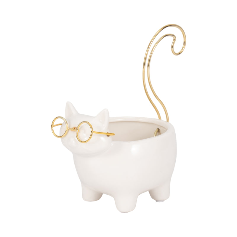 CER, 6" KITTY TRINKET DISH, WHITE/GOLD