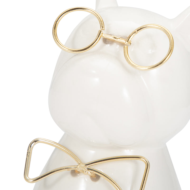 CER 6"H, PUPPY WITH GOLD GLASSES AND BOWTIE, WHT