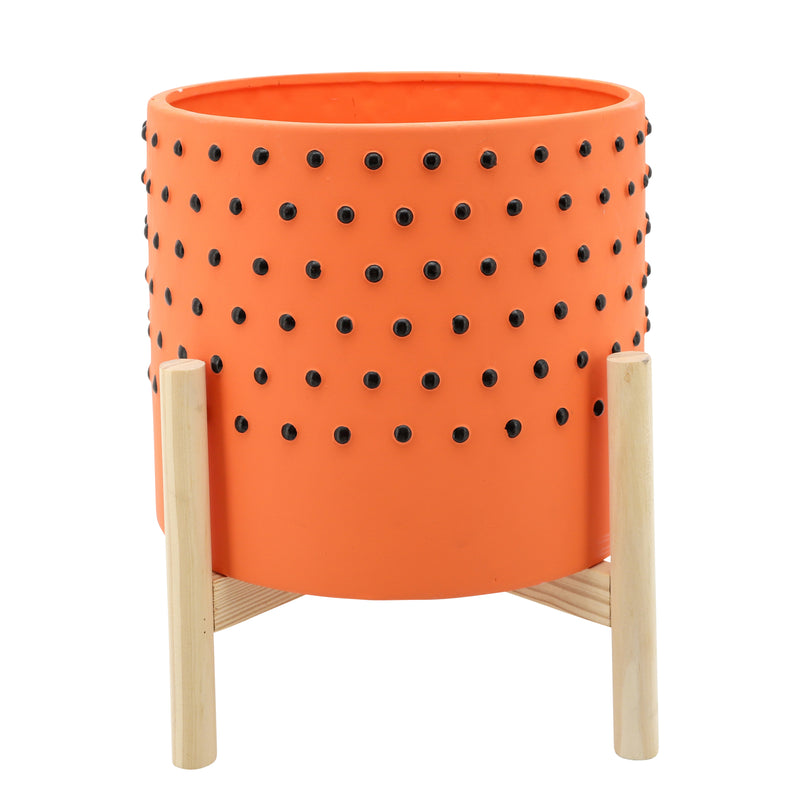 10" DOTTED PLANTER W/ WOOD STAND, ORANGE