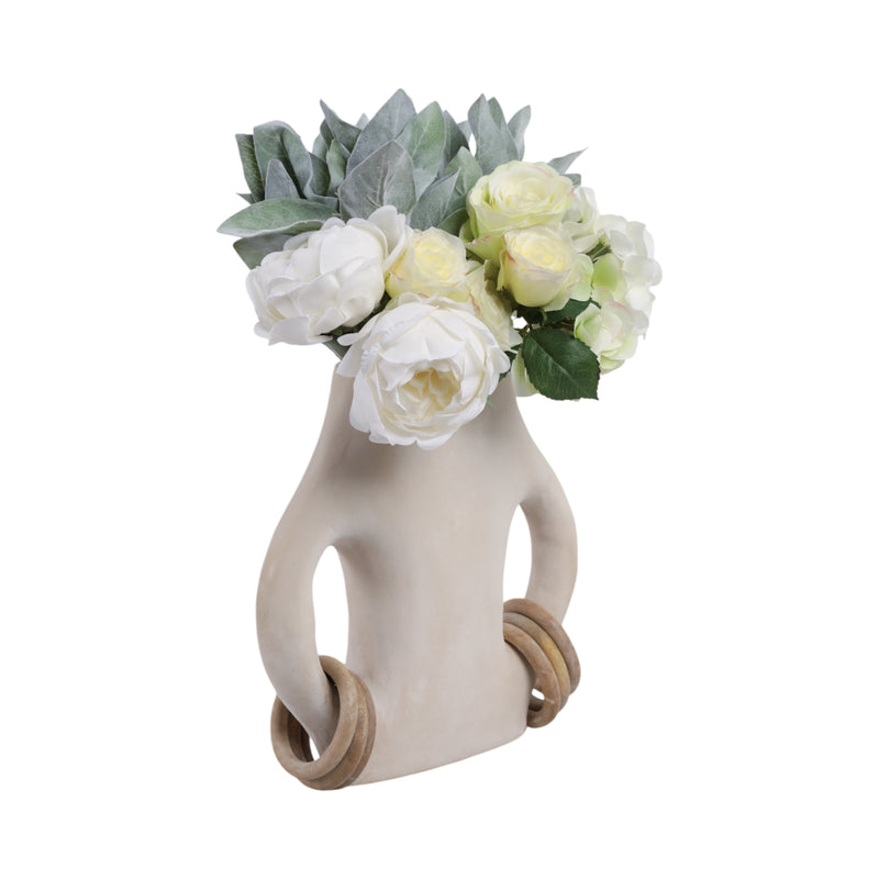 12" SAMIRAH SMALL VASE W/ WOOD RINGS, BRWN/WHT WSH